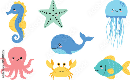 Adorable Ocean Creatures: Cartoon Sea Life Illustrations for Kids and Design