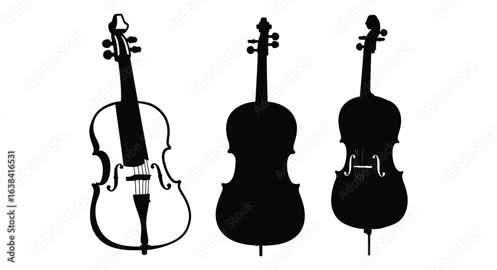 Fototapeta premium Three Cello Silhouettes Showing Different Angles