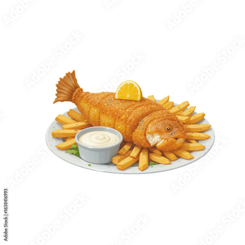 Illustration of fish cake and mayonnaise on a plate 