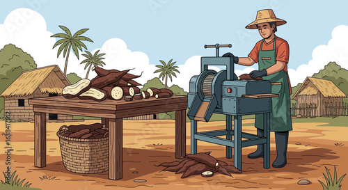 Processing cassava roots with machine, rural agricultural farming process