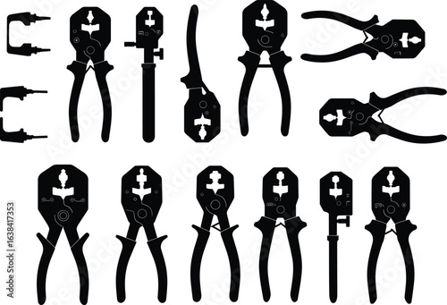 Silhouette set of different electrician pliers and wire cutters, hand tools collection for electrical work, black isolated shapes for repair and maintenance