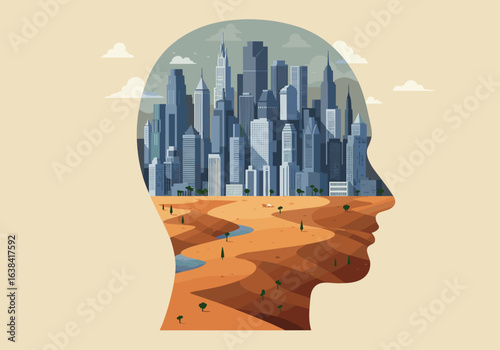 The buildings of the metropolis form the silhouette of a head, inside there is a desert. Development of the economy and technology with spiritual devastation and internal poverty.