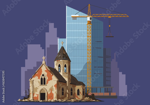 Construction of a skyscraper against the backdrop of a dilapidated old church. The concept of creating technologies while forgetting spiritual values