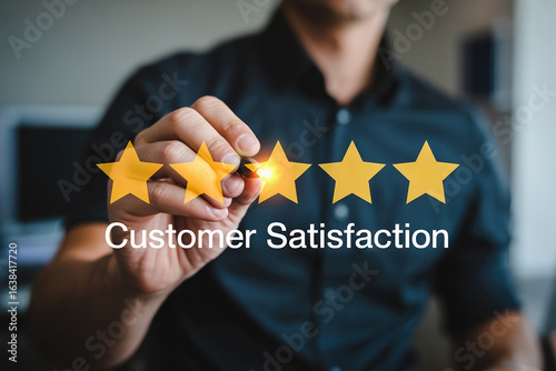 Enhancing Customer Satisfaction Hand Adding Star to Rating Demonstrating Quality Service and Positive Feedback