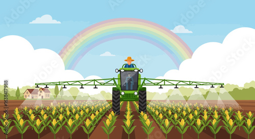 Agricultural landscape featuring a farmer spraying crops under a rainbow