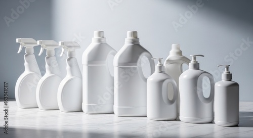 Row of various white plastic cleaning product bottles on a light marble surface