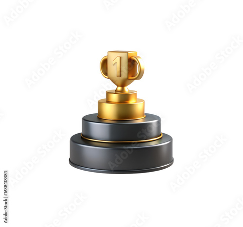 Gleaming Golden Trophy on Three-Tiered Matte Gray Podium with Raised Gold Numbers 1, 2, and 3 – Award, Victory, and Championship Concept on White Background