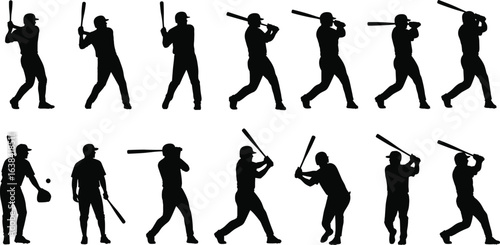 Baseball player silhouette set, batting stance vector, sports figure illustration, hitter pose icons, athletic action clipart, baseball training, professional sports graphics