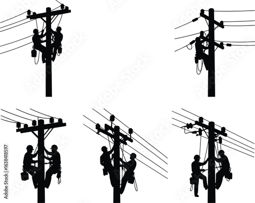 Silhouette of electrical linemen working on power poles, teamwork, maintenance, safety, electric utility workers at height repairing cables, black and white illustration