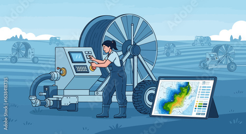 Precision farming and automated irrigation system operated by a woman on a field