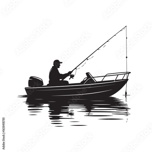 Fisherman casting line from boat on water fishing silhouette