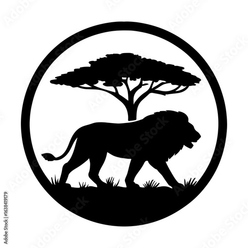 Silhouette of a majestic lion walking under an acacia tree in a circular frame