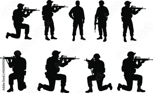 Silhouettes of armed soldiers with rifles in standing and kneeling tactical poses black vector illustration military combat troop gunmen on white background clipart set