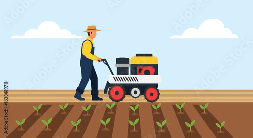 Farmer plowing field with cultivator under cloudy sky in a stylized illustration