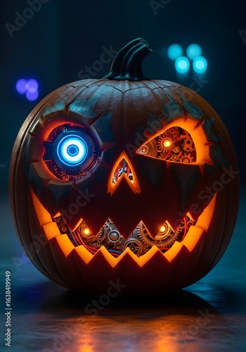 Cyberpunk Style Glowing Pumpkin – Futuristic Halloween Concept