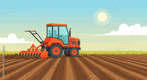 Red Tractor Ploughing the Field Under the Sunny Sky, Agricultural Landscape