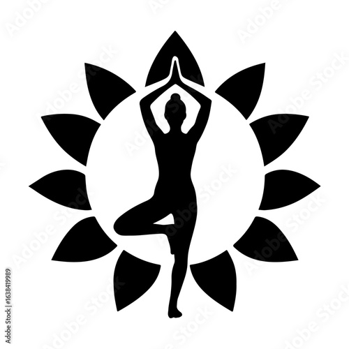 Silhouette of a woman in tree pose yoga with a sun mandala design