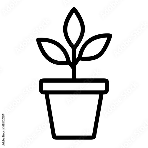Simple line drawing of a potted plant with green leaves  