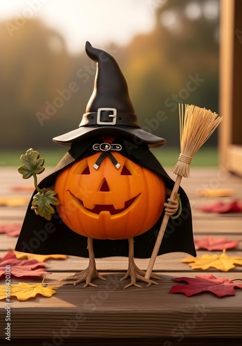 Pumpkin Wearing Witch Hat with Broom – Halloween Character Illustration