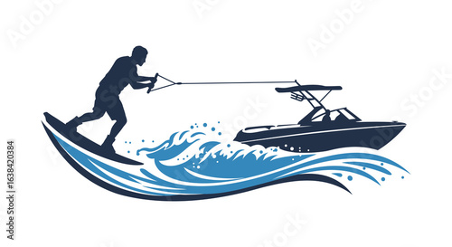 Wakeboarder and Boat Silhouette on Waves