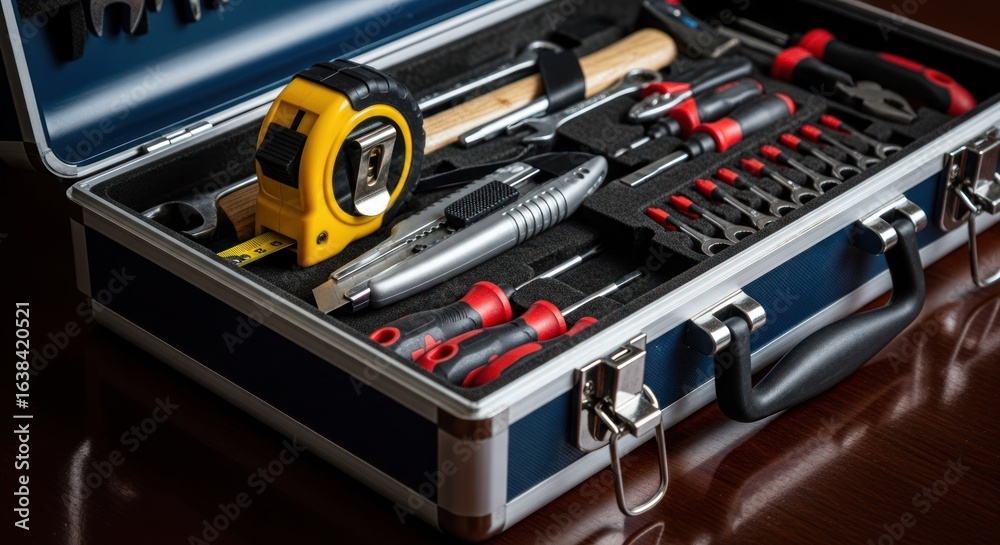 Fototapeta premium Open metal toolbox filled with assorted tools