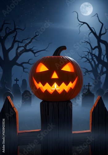 Scary Halloween Jack-O’-Lantern in Dark Forest at Night
