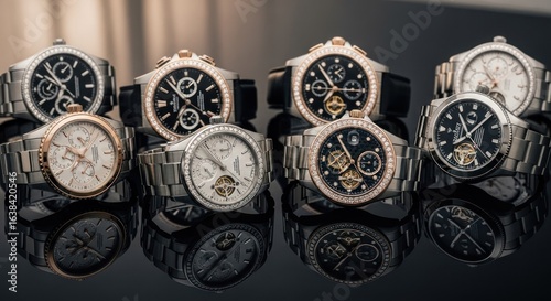 Multiple luxury watches in various styles and metals, displayed on a dark surface.  Several wristwatches in silver, rose gold, and black are arranged in a cluster.  Reflections