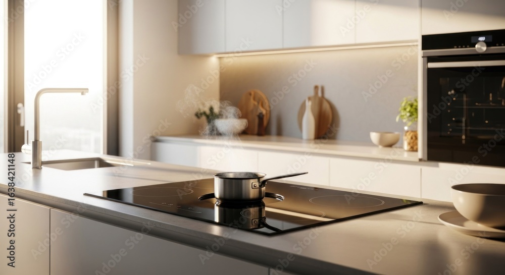 Fototapeta premium Modern kitchen, sunlit interior, minimalist design, sleek appliances, light gray cabinets, countertop stovetop