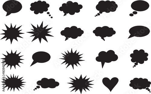 Comic Speech Bubble Icons – Thought, Talk, Heart & Explosion Shape Silhouettes vector design. grunge texture Vector illustration on transparent background. 