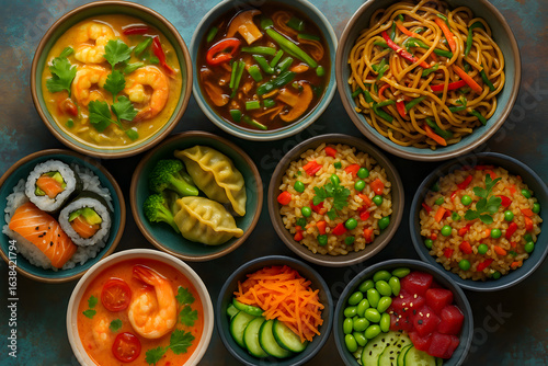 Wallpaper Mural Asian food bowls cuisine shrimp sushi noodles rice dumplings delicious Torontodigital.ca