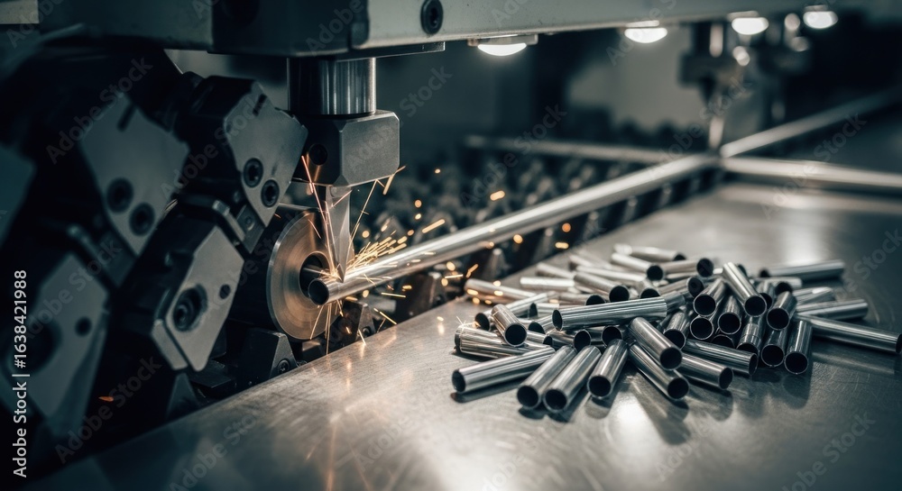 Fototapeta premium Industrial metal processing. A machine cuts a metal bar, sparks flying. Metal pieces are piled nearby