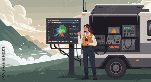 Emergency response team member monitoring storm radar with mobile command center