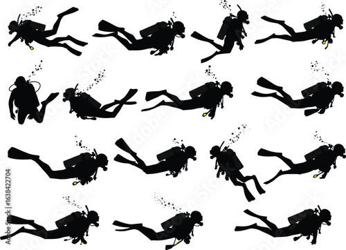 Silhouettes of scuba divers underwater diving gear bubbles fins oxygen tanks isolated on white background various swimming poses deep sea exploration ocean activity marine sport