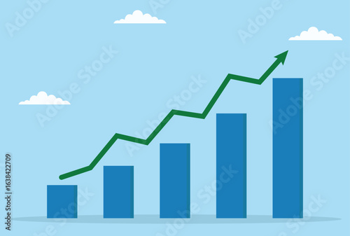 Vector illustration of a rising bar chart with an upward green arrow, symbolizing business growth, financial success, positive progress, and increasing performance over time
