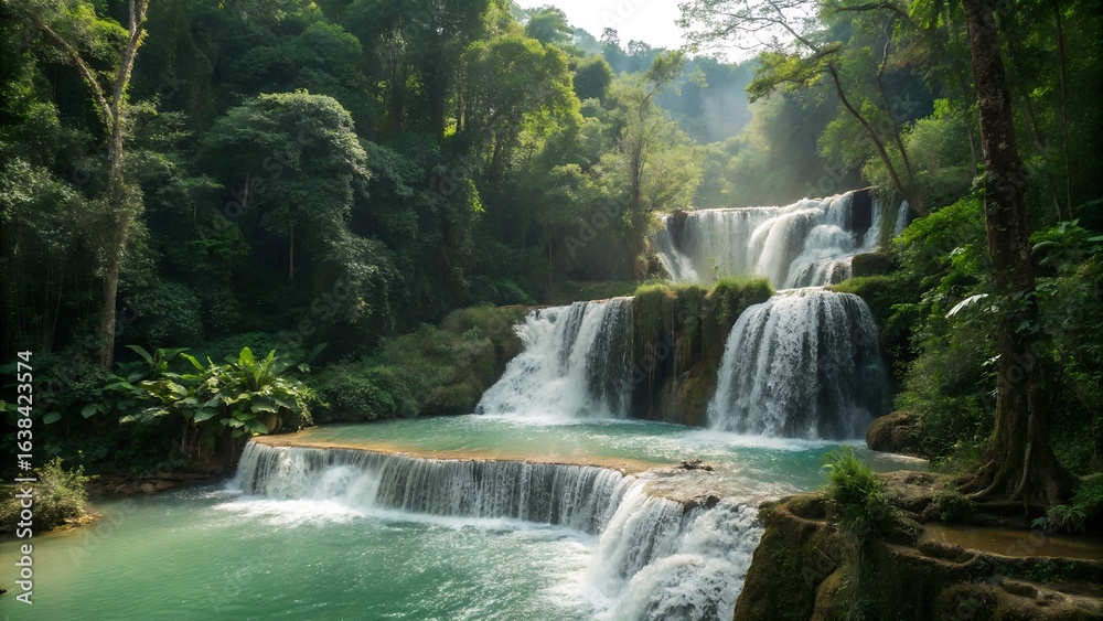 Fototapeta premium Lush green forest landscape with cascading waterfalls and turquoise water pools in a scenic view
