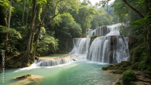 Lush green forest surrounds a tiered waterfall cascading into a turquoise pool of water below