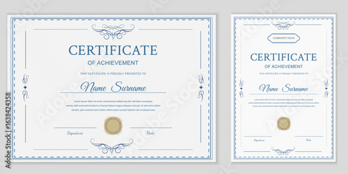 Elegant certificate template in blue. Editable and printable for awards, diplomas, or achievements. Horizontal and vertical. Modern and  professional. Vector design. Easy to customize!