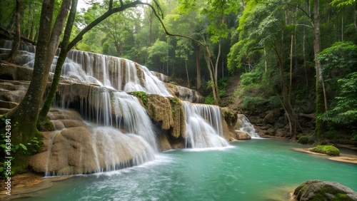 A scenic view of a tiered waterfall cascading into a turquoise pool surrounded by lush green forest trees