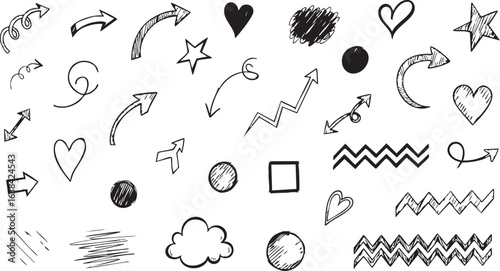Collection of hand drawn sketchy doodles and icons on white background