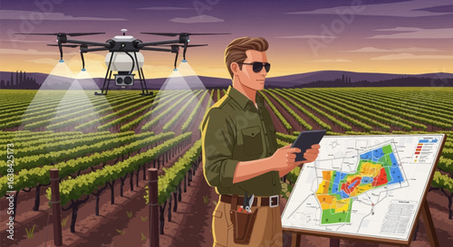 Precision agriculture: farmer utilizing drone tech and map to monitor vineyard crop