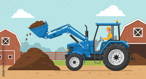 Cartoon Illustration of a Blue Tractor Moving Soil on a Farm with Barns