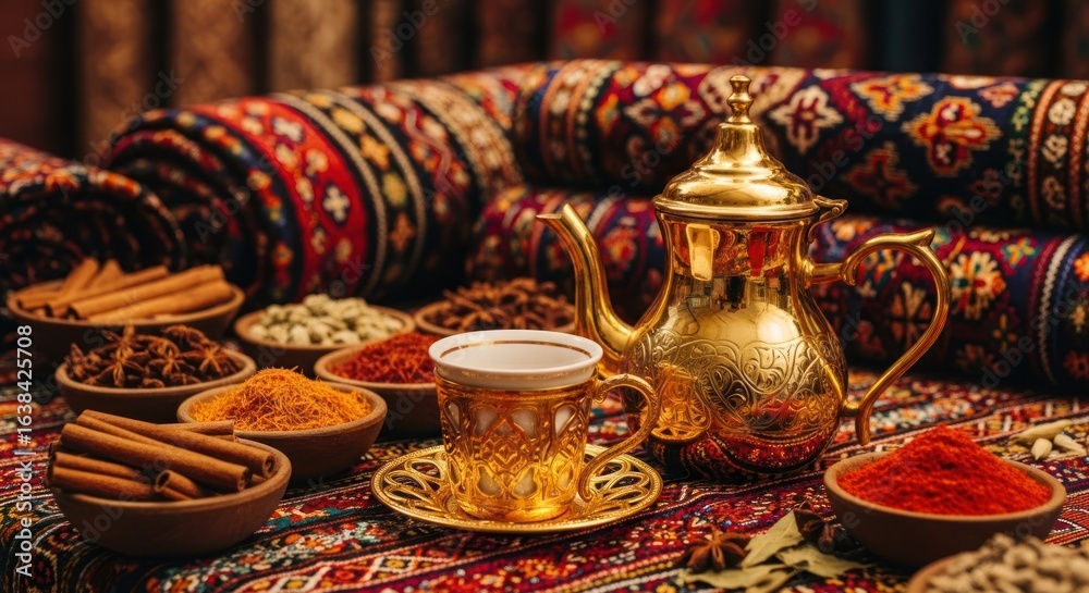 Fototapeta premium Golden teapot and cup amidst spices and rugs
