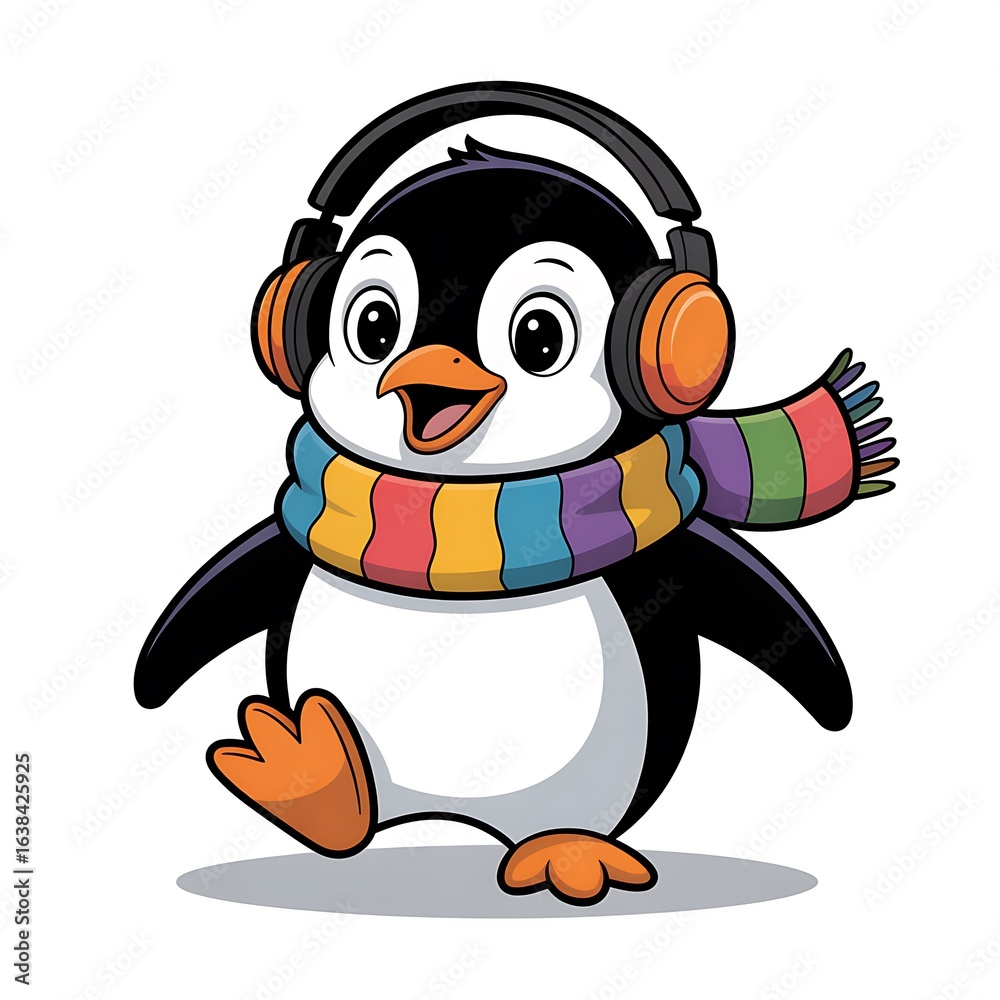 Naklejka premium Cheerful Cartoon Penguin with Headphones and Colorful Scarf Enjoying Music and Spreading Joyful Vibes with a Playful Pose
