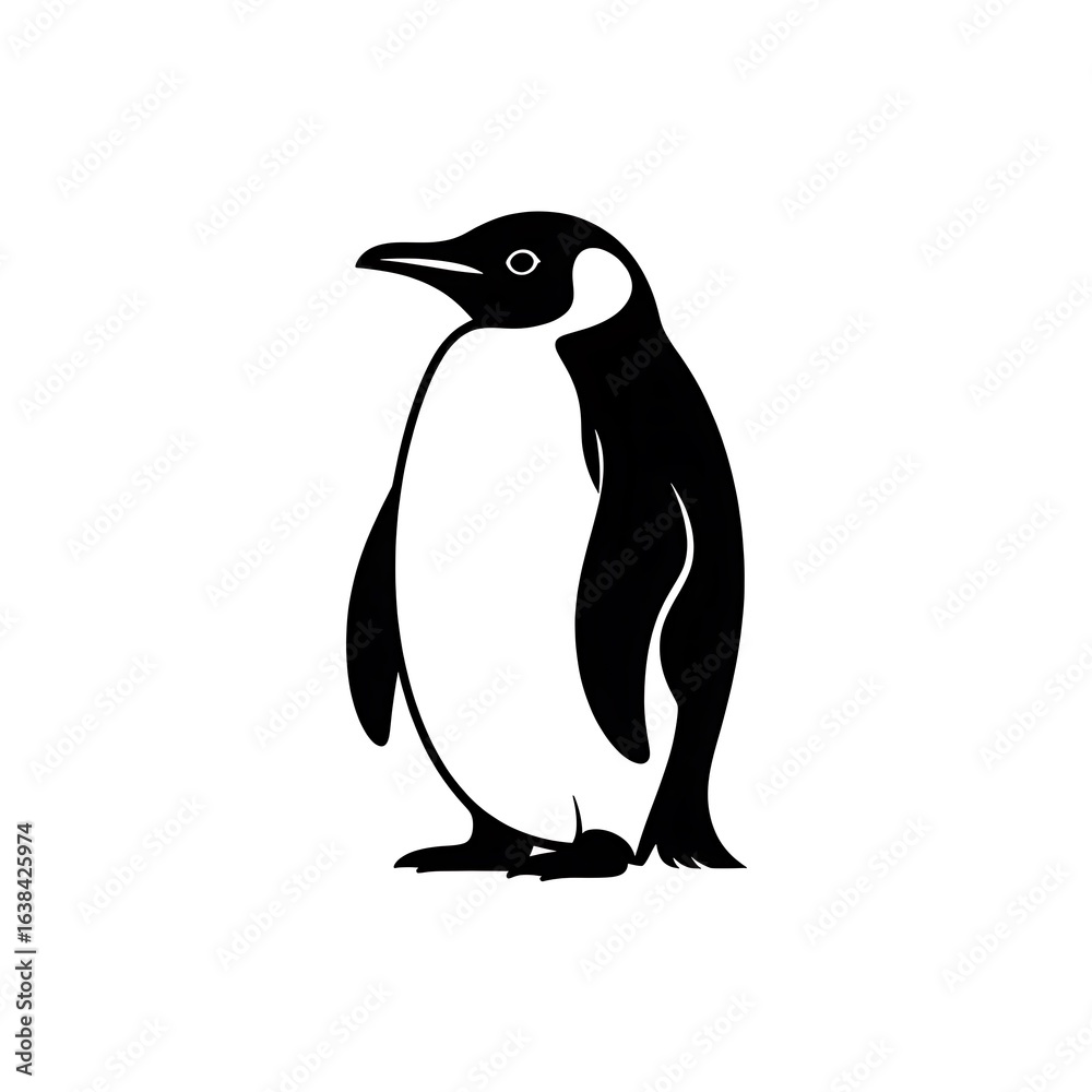 Naklejka premium Monochrome Majesty A Striking Silhouette of an Emperor Penguin Standing Tall Against a Pristine White Backdrop Simple Elegance in Bird Art