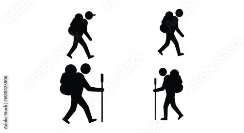 Four Hiker Silhouettes with Backpacks and Walking Sticks silhouette