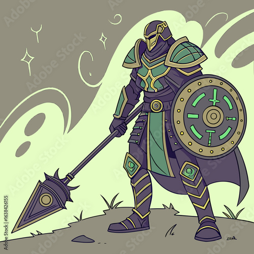 powerful guardian character in a fantasy video game, wearing ancient mystical armor with glowing accentss