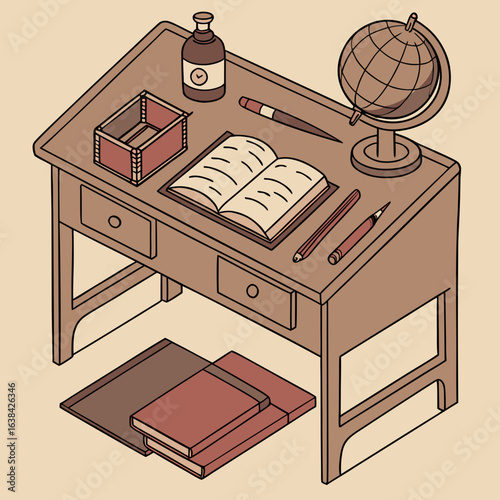 An old wooden school desk from the 1960s with classic school tools