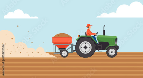 Illustration depicting a farmer sowing seeds using a tractor on a rural farm