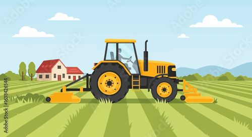 Vibrant countryside scene featuring a tractor mowing a verdant field