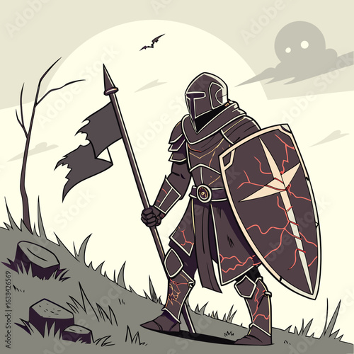  once-noble guardian turned into a shadow wraith, with cracked dark armor and glowing red cracks